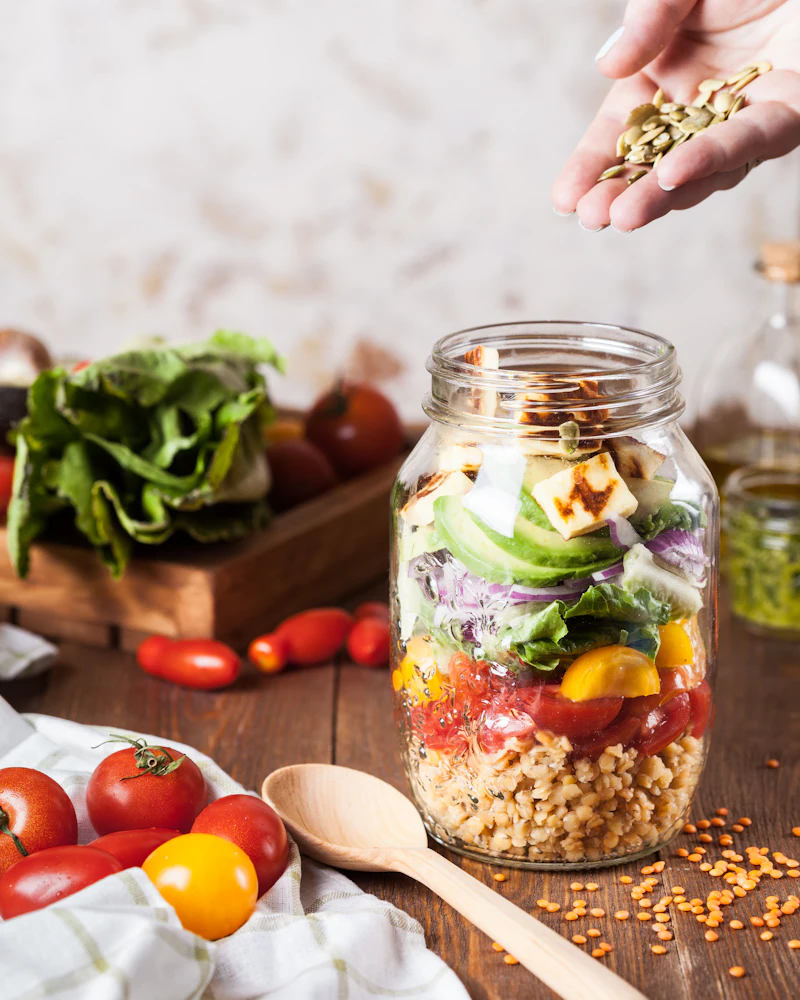 A glass jar layered with lentils, tomatoes, avocado and grilled halloumi on a wooden table, with fresh cherry tomatoes and lettuce nearby.